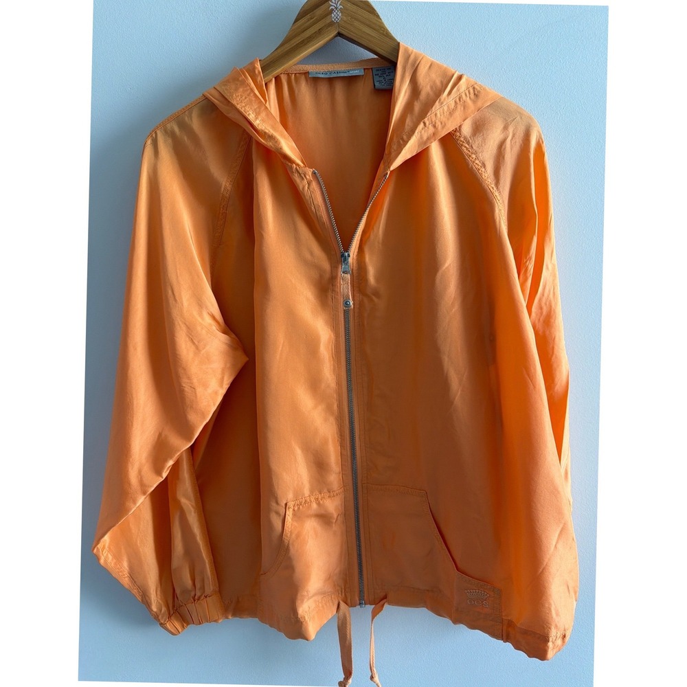 VTG Oleg Cassini Sport Womens 100% Silk Hooded Windbreaker Jacket XL Full Zip